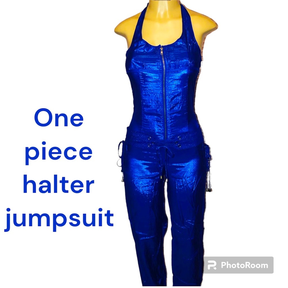 Royal blue one piece jumper halter top with corset like belt.